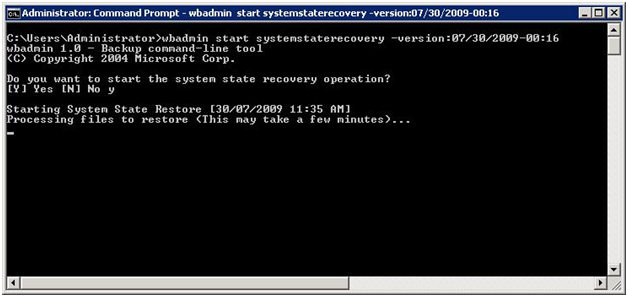 wbadmin system state restore begun